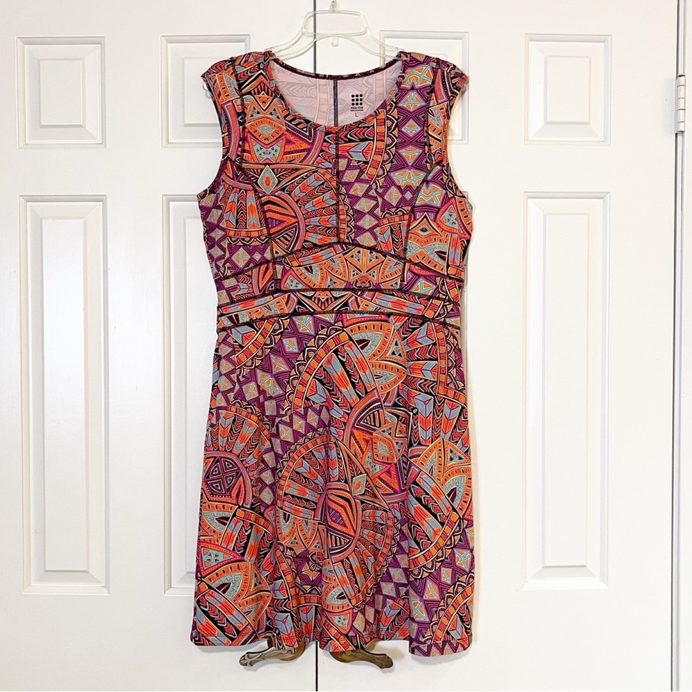 Title Nine Sleeveless Midi Dress in Purple and Orange Geometric Print